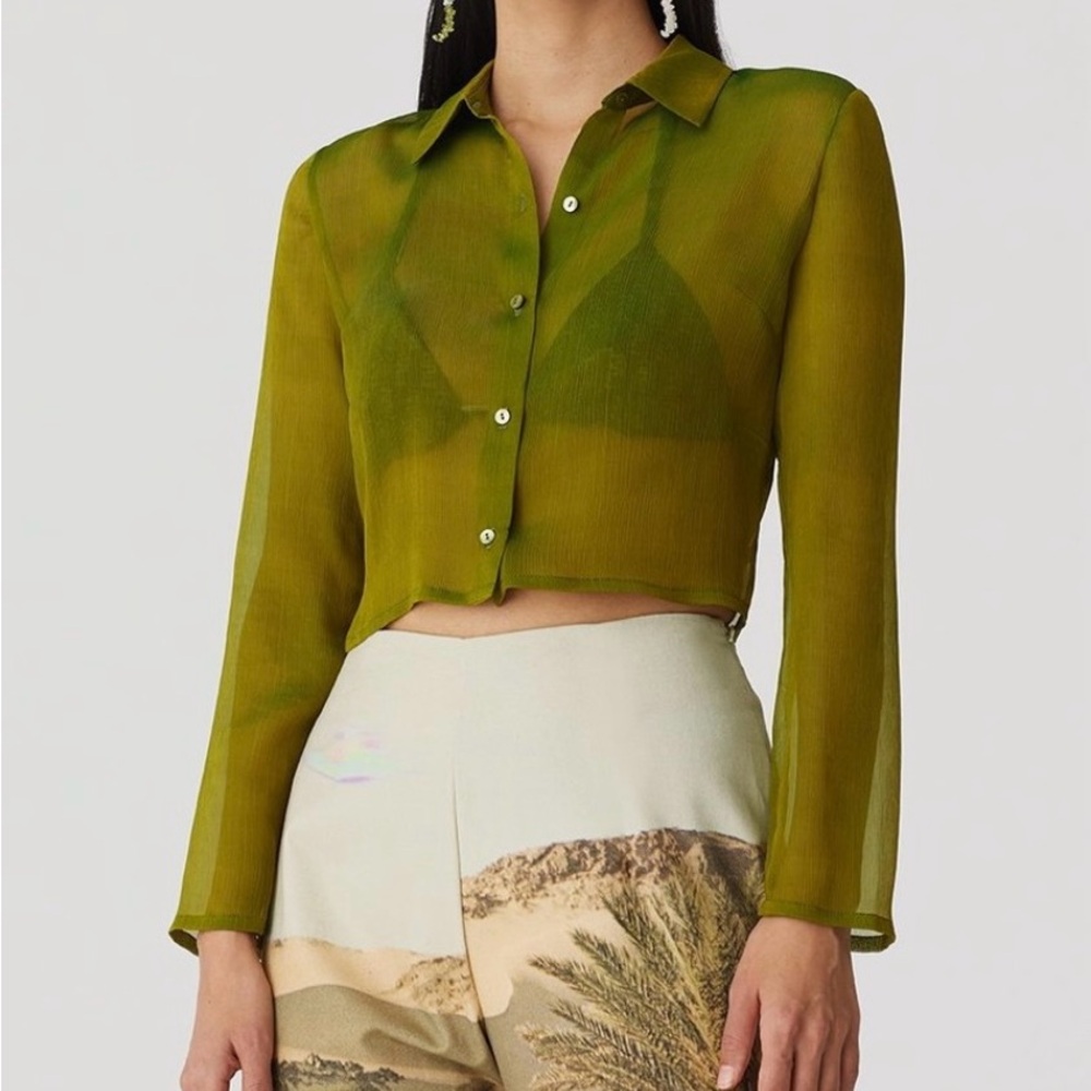 ISO: Paloma Wool Lenny Olive Green Sheer Button-Up Blouse
